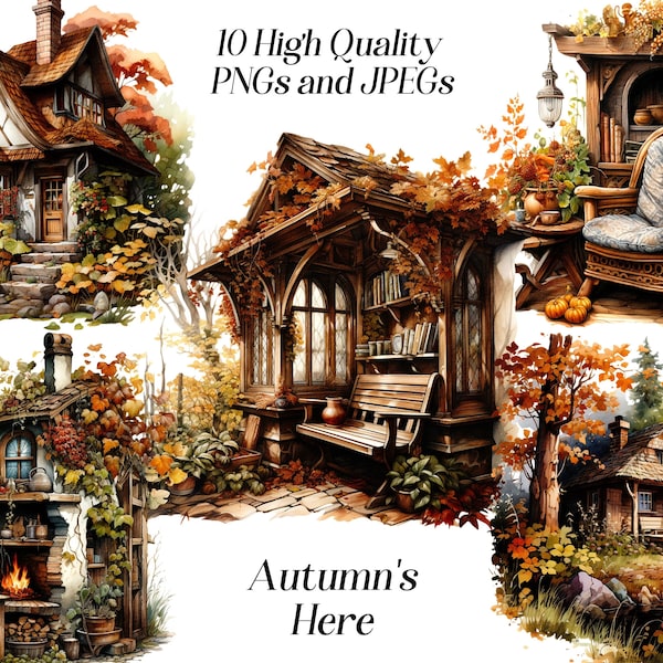 Watercolor Autumn Scenes clipart, 10 high quality JPEG and PNG files, fall season, cozy space, fall landscape, printables, card making