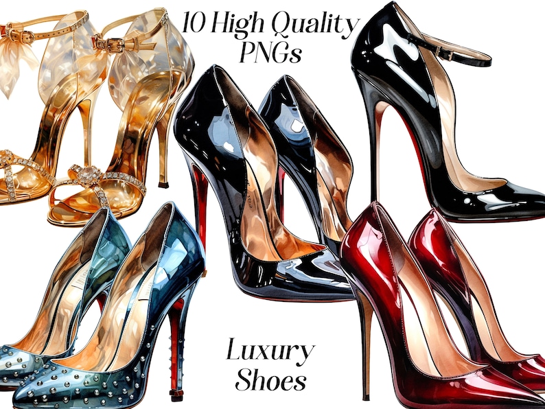 May include: Ten high-quality PNG images of luxury shoes. The shoes are all different colors and styles, including black, gold, red, and blue. The shoes are all high-heeled and have a variety of embellishments, such as studs, bows, and straps.