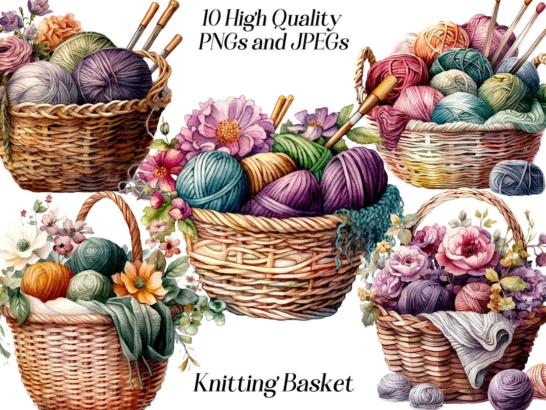 Watercolor Knitting Basket Clipart: Yarn & Wool Graphics (JPEG, PNG) - Etsy