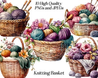 Watercolor knitting basket clipart, 10 high quality JPEG and PNG files, yarn and wool clipart, hobby, printable graphics