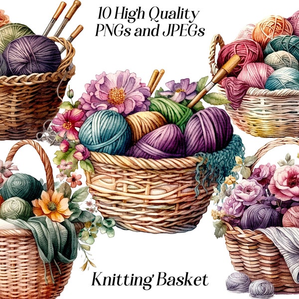 Watercolor knitting basket clipart, 10 high quality JPEG and PNG files, yarn and wool clipart, hobby, printable graphics