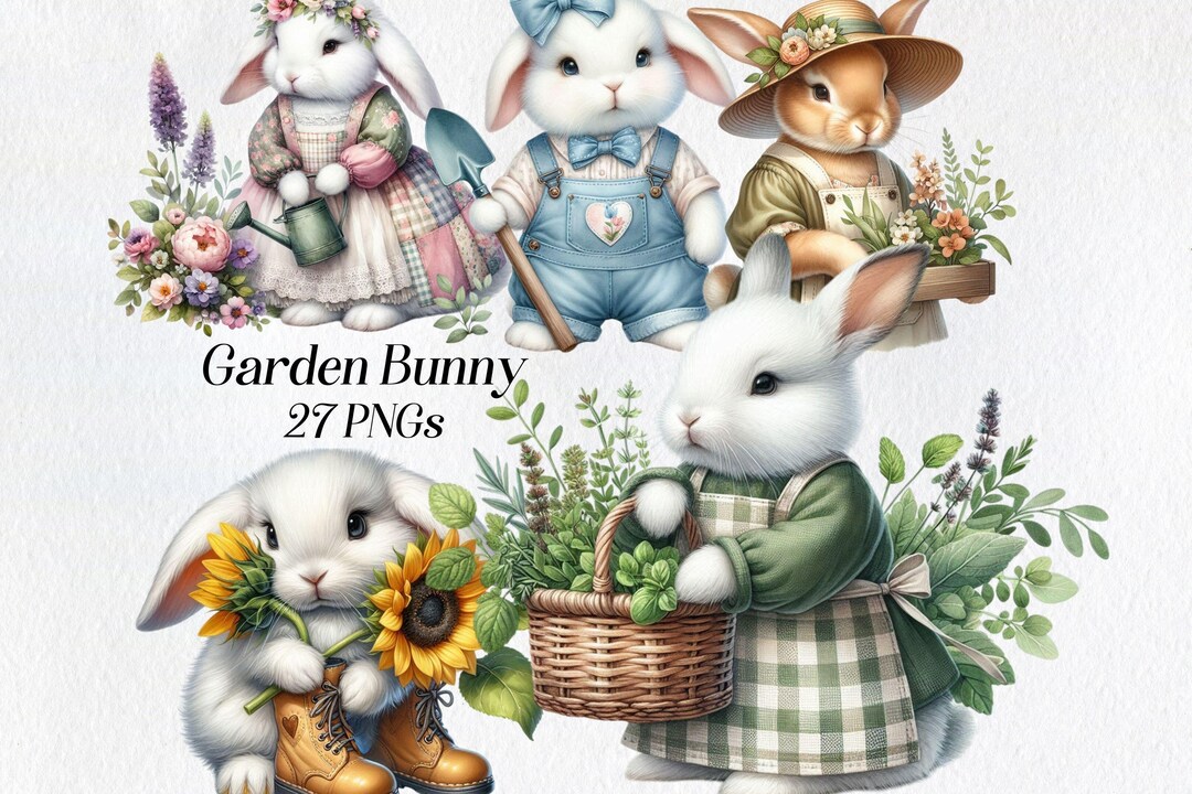 Watercolor Garden Bunny Clipart: Floral Spring Rabbit PNG (digital ...