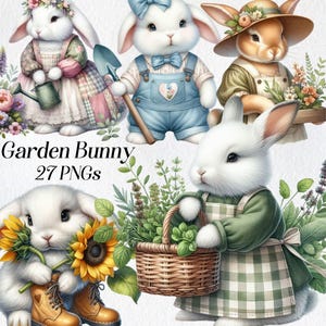 Clipart lapin de jardin, clipart aquarelle lapin de printemps, png, jardinage, lapin mignon, Pâques, floral, plantes, graphisme numérique, imprimable