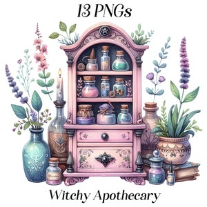 Watercolor Witch Apothecary Clipart: Potion Bottles, Spells (13 PNG Files)(Digital Download
