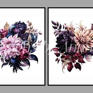 May include: Two printable art prints featuring watercolor illustrations of dark purple, pink, and burgundy floral bouquets. The bouquets are arranged in a loose, natural style and feature a variety of flowers, including dahlias, roses, and berries.