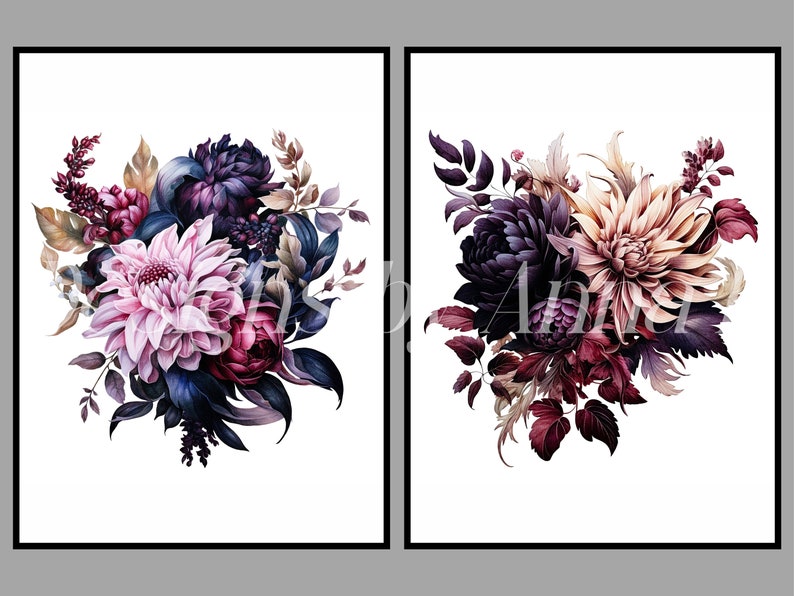 May include: Two printable art prints featuring watercolor illustrations of dark purple, pink, and burgundy floral bouquets. The bouquets are arranged in a loose, natural style and feature a variety of flowers, including dahlias, roses, and berries.