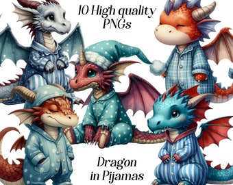 Dragon Clipart, Sleepy Dragons in Pajamas, Nursery Art (Digital Download)