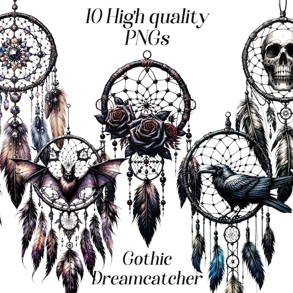 Watercolor Gothic Dreamcatcher clipart, 10 high quality PNG files, goth clipart, boho clipart, gothic bohemian illustration, printables