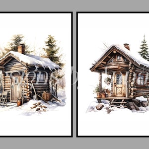 Puede incluir: Dos peque&ntilde;as caba&ntilde;as de madera en un entorno invernal nevado. Las caba&ntilde;as est&aacute;n hechas de troncos y tienen techos cubiertos de nieve. La caba&ntilde;a de la izquierda tiene una puerta y una ventana, mientras que la caba&ntilde;a de la derecha tiene un porche y una puerta.