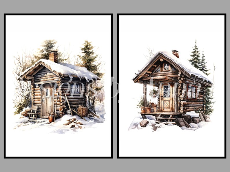 Puede incluir: Dos peque&ntilde;as caba&ntilde;as de madera en un entorno invernal nevado. Las caba&ntilde;as est&aacute;n hechas de troncos y tienen techos cubiertos de nieve. La caba&ntilde;a de la izquierda tiene una puerta y una ventana, mientras que la caba&ntilde;a de la derecha tiene un porche y una puerta.