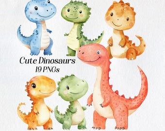 Watercolor Baby Dinosaur Clipart, Nursery PNG (Digital Download)