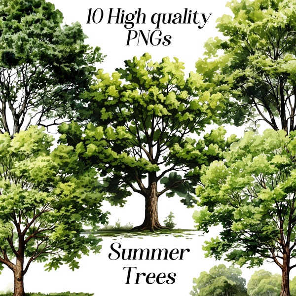Watercolor Summer trees clipart, 10 high quality PNG files, nature clipart, woodlands clipart, printable graphics