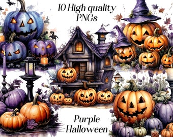 Aquarel Halloween-clipart: paars, blauw, spookachtig (10 png-bestanden)