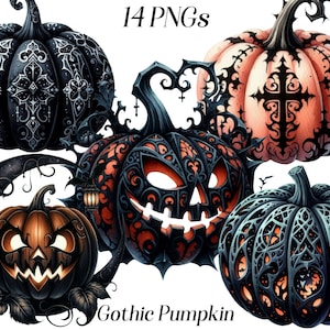Watercolor Gothic Pumpkin Clipart: Spooky Halloween PNG Images (Digital Download)