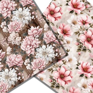 Peut inclure: Un motif sans couture repr&eacute;sentant des fleurs roses et blanches sur un fond en bois. Les fleurs sont dispos&eacute;es en un motif r&eacute;p&eacute;titif, certaines fleurs se chevauchant. Le fond en bois est de couleur brun clair.