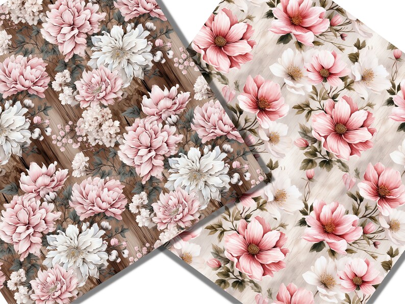 Peut inclure: Un motif sans couture repr&eacute;sentant des fleurs roses et blanches sur un fond en bois. Les fleurs sont dispos&eacute;es en un motif r&eacute;p&eacute;titif, certaines fleurs se chevauchant. Le fond en bois est de couleur brun clair.