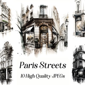 Clipart de ruas de Paris em aquarela, 10 JPEG de alta qualidade para arte de parede imprimível, capas de planejador, álbum de recortes, download digital, uso comercial