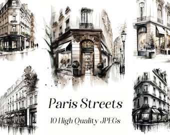 Watercolor Paris Streets Clipart, Printable Wall Art (Digital Download)