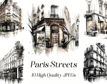 Watercolor Paris streets clipart, 10 high quality JPEG for printable wall art, planner covers, scrapbook, digital download, commercial use