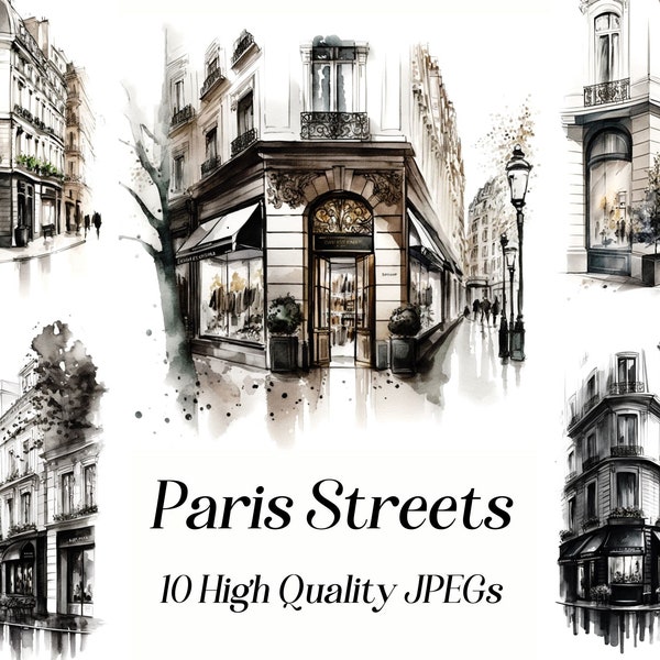 Watercolor Paris streets clipart, 10 high quality JPEG for printable wall art, planner covers, scrapbook, digital download, commercial use
