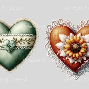 May include: Two heart-shaped pillows with lace trim. One pillow is teal green with a white lace trim and a small green and blue floral design. The other pillow is orange with a white lace trim and a sunflower design.