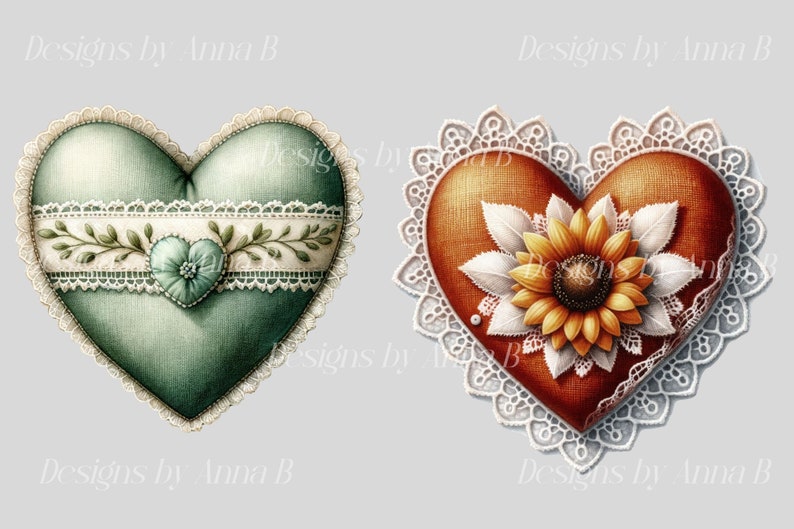 May include: Two heart-shaped pillows with lace trim. One pillow is teal green with a white lace trim and a small green and blue floral design. The other pillow is orange with a white lace trim and a sunflower design.