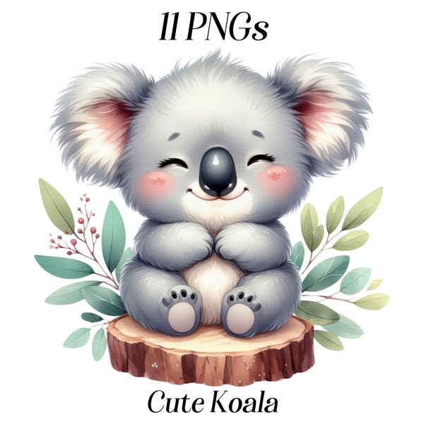 Watercolor Cute Koala clipart, 11 PNG files, exotic animals, safari animals, nursery clipart, kawaii, Australian animals, printables