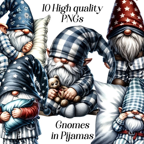 Watercolor Gnomes in Pijamas clipart, 10 high quality PNG files, sleepy gnomes, sleeping, bed time, gnomes illustration, printable graphics