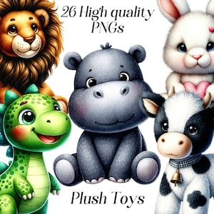 Clipart de brinquedos de pelúcia em aquarela, 26 arquivos PNG de alta qualidade, clipart de bicho de pelúcia, decoração de berçário, arte de parede, clipart de brinquedo, gráficos para impressão