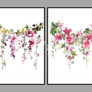 May include: Two watercolor paintings of pink flowers with green leaves and vines. The flowers are arranged in a cascading pattern, creating a delicate and romantic feel.