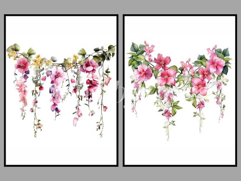 May include: Two watercolor paintings of pink flowers with green leaves and vines. The flowers are arranged in a cascading pattern, creating a delicate and romantic feel.
