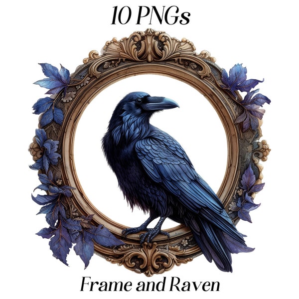 Watercolor Frame and Raven clipart, 10 high quality PNG files, crow clipart, black raven, bird clipart, frame illustration, printables