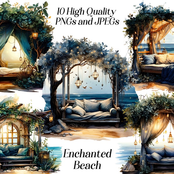 Watercolor enchanted beach clipart, 10 high quality JPEG and PNG files, summer holidays, cozy nook, beach sunset, printables, scrapbooking