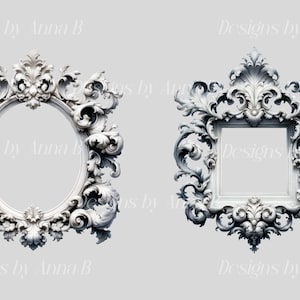 May include: Two ornate white picture frames with intricate scrollwork designs. The frame on the left is oval shaped, while the frame on the right is square.