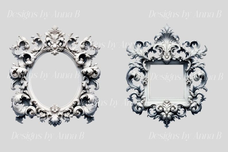 May include: Two ornate white picture frames with intricate scrollwork designs. The frame on the left is oval shaped, while the frame on the right is square.