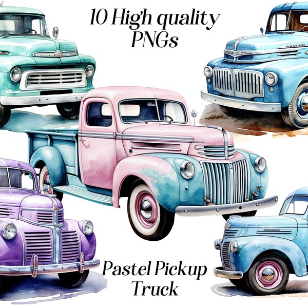 Watercolor Pastel Pickup truck clipart, 10 high quality PNG files, transport clip art, cars and vehicles, travel clipart, farm truck