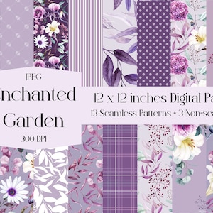 Seamless Digital Paper, Floral, Botanical patterns, Lilac, Purple, scrapbooking, printables, instant download