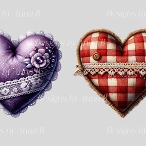 May include: Two fabric heart-shaped pillows. One is purple with white lace trim and a floral embellishment. The other is red and white gingham with white lace trim.