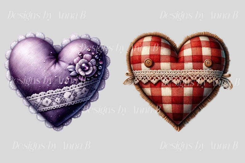 May include: Two fabric heart-shaped pillows. One is purple with white lace trim and a floral embellishment. The other is red and white gingham with white lace trim.