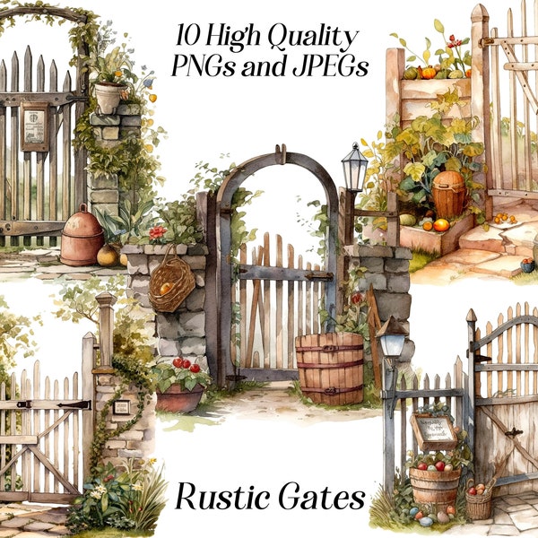 Watercolor rustic gates clipart, 10 high quality JPEG and PNG files, garden gates, cottage core, gates illustration, printables