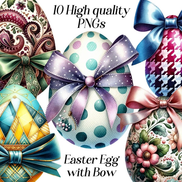 Watercolor Easter Egg with Bow clipart, 10 high quality PNG files, easter clipart, egg clipart, egg illustration, printable graphics