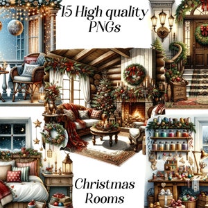 Clipart aquarelle de chambres de Noël, 15 fichiers PNG de haute qualité, scènes de Noël, intérieur festif, décoration de maison de Noël, graphiques imprimables