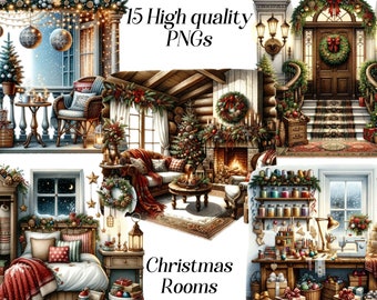 Watercolor Christmas Rooms Clipart: Festive Home Decor (15 PNG Files)