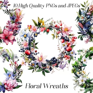 水彩画の花輪のクリップアート、10 個の高品質 JPEG および PNG ファイル、夏の花輪、植物の緑、印刷可能