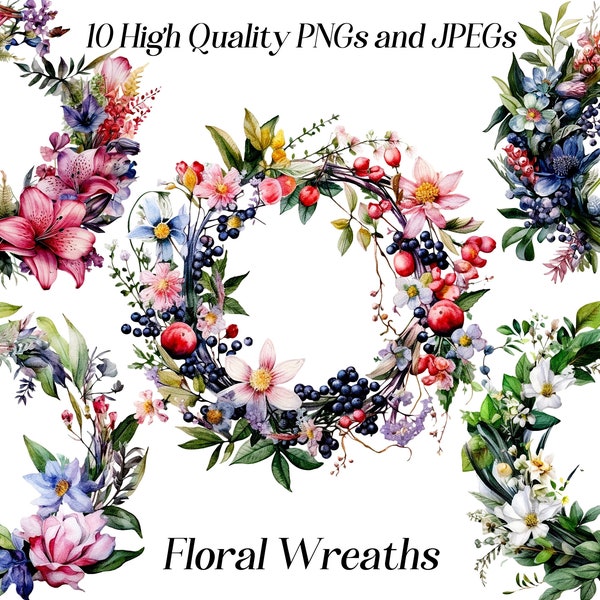 Watercolor floral wreath clipart, 10 high quality JPEG and PNG files, summer flower wreaths, botanical greenery, printables