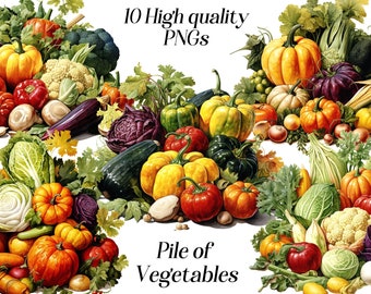 May include: A colorful assortment of fresh vegetables, including red peppers, green peppers, yellow squash, pumpkins, cabbages, and cauliflower. The vegetables are arranged in a pile on a white background.