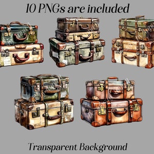 May include: Ten vintage-style suitcases in various colors and sizes, stacked in groups of two and three. The suitcases have leather straps, metal buckles, and brass accents. The background is a solid gray.