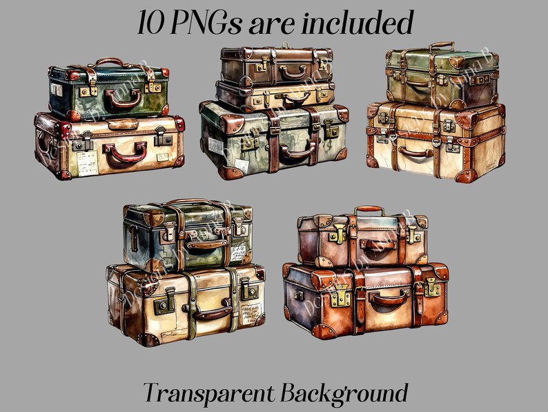 May include: Ten vintage-style suitcases in various colors and sizes, stacked in groups of two and three. The suitcases have leather straps, metal buckles, and brass accents. The background is a solid gray.