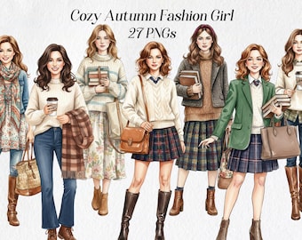 Clipart de chica de moda otoñal: Paquete PNG de suéteres y clima (descarga digital)