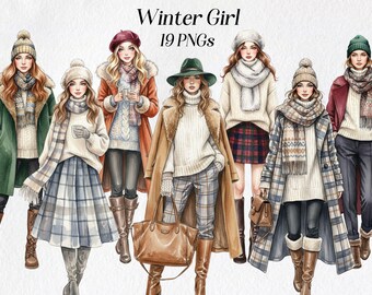 Chica de moda invernal en acuarela: Ilustración PNG (Descarga digital)